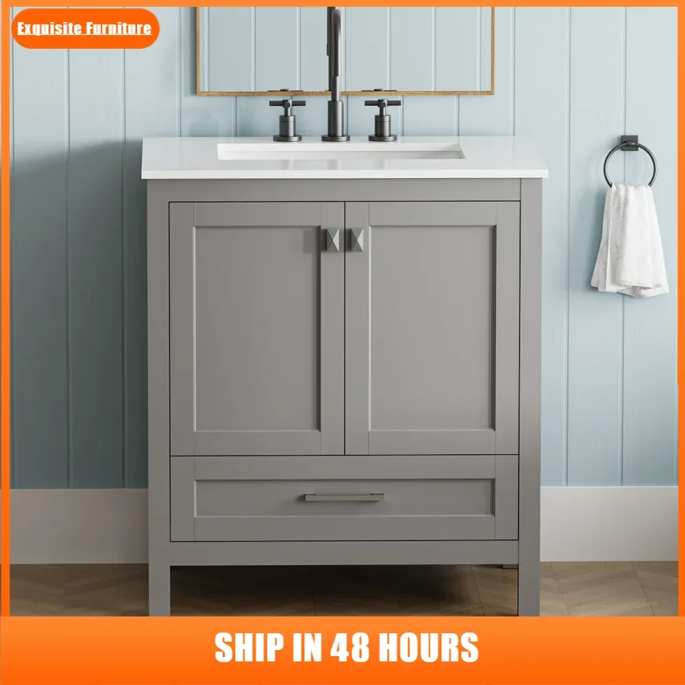 

30-inch Freestanding Bathroom Vanity with Sink, Carrara Engineered Marble Vanity Top with Undermounted Rectangular Ceramic Sink