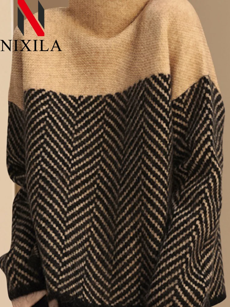 Autumn Winter Sweater Women Korean Fashion Retro Matching Semi-turtleneck Knitted Pullover Loose Sweater Office Lady Clothing