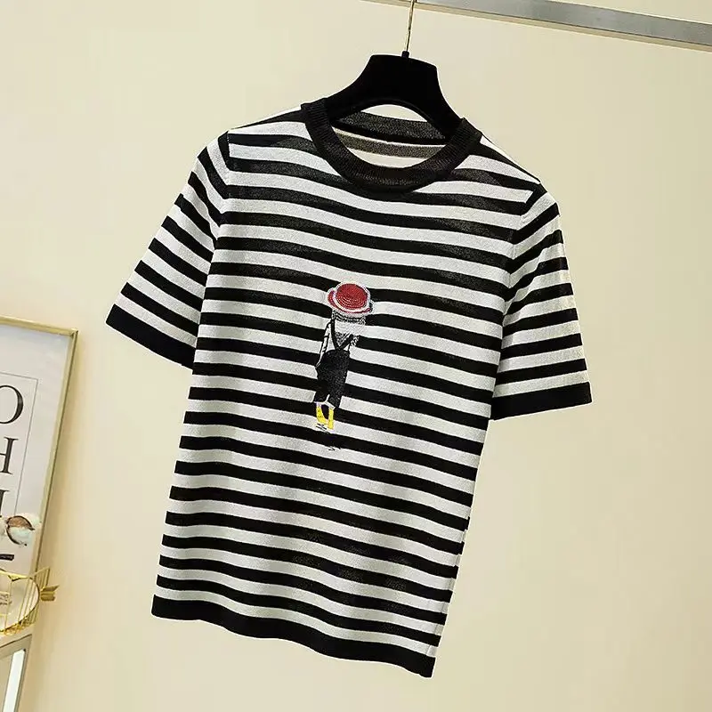 Embroidery Striped Knitted T Shirt Women Casual Short Sleeves Thin T-Shirts Woman Clothes Tee Shirt Femme Summer Tops Camisetas