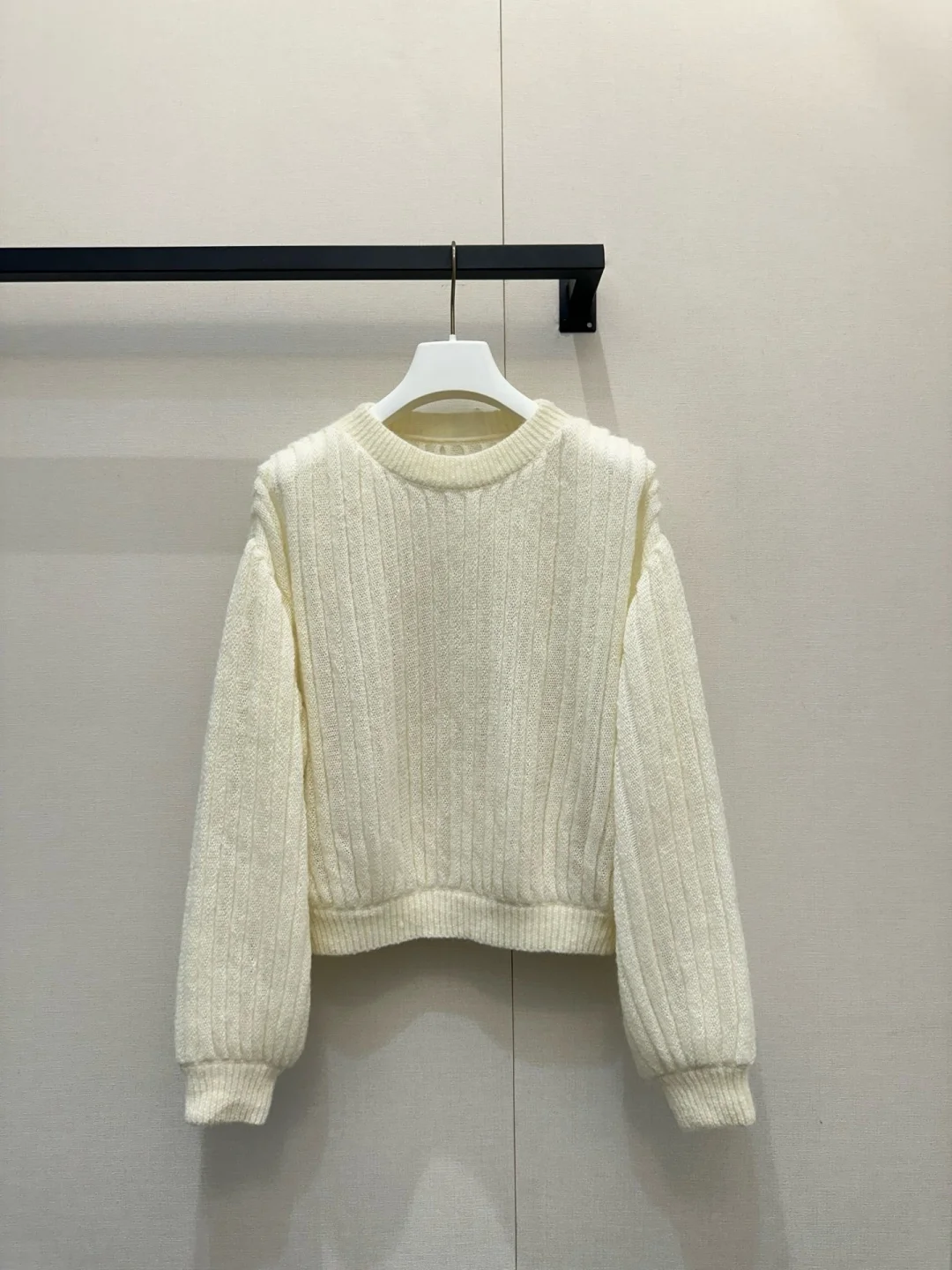 

White Rib Knit Sweater Women Seven Points Lantern Sleeve Luxury Soft Casual Pullover Top Ladies Fashion T Shirt Long Sleeve