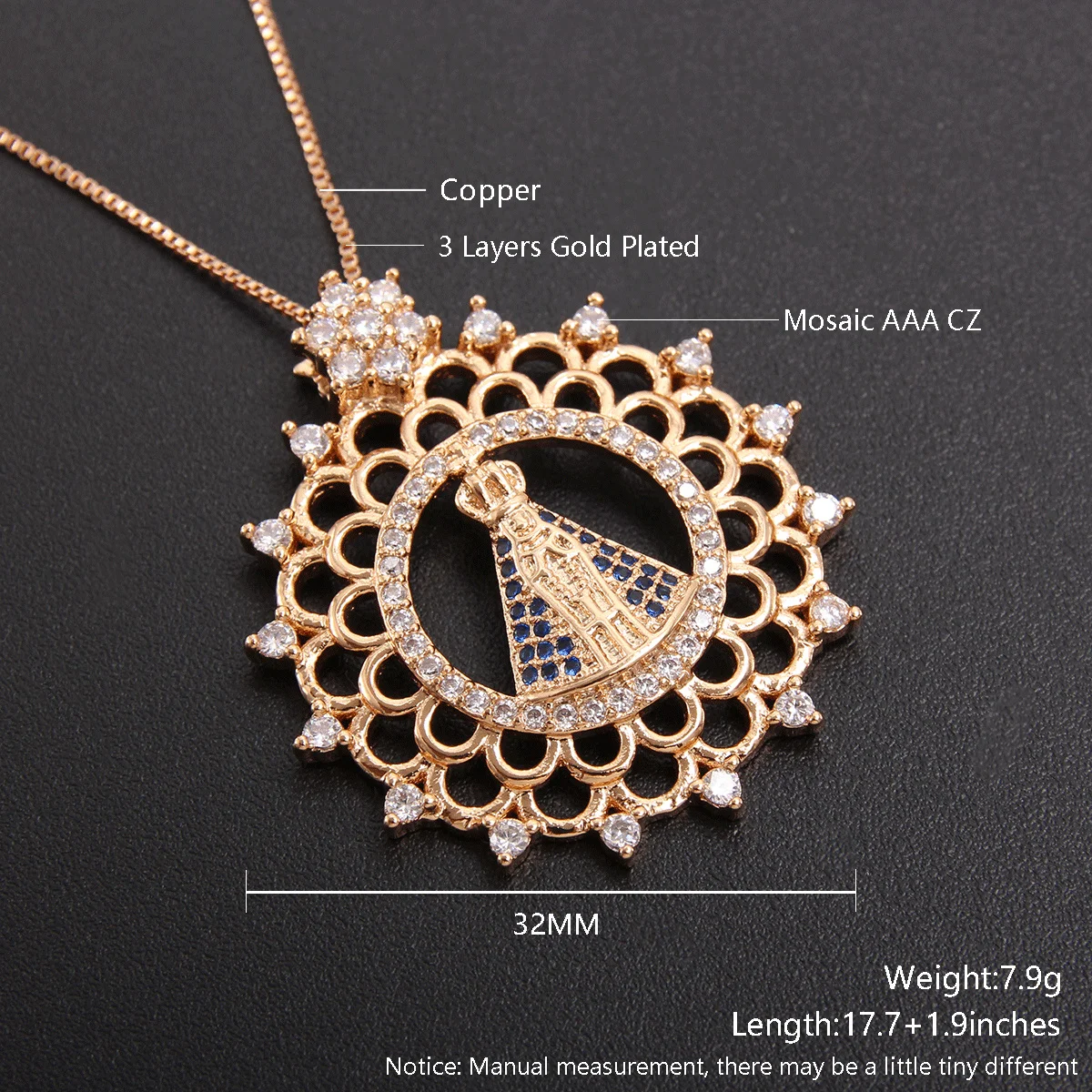 MHS.SUN Lujan Jungfrau Maria Anhänger Halsketten Virgen De Guadal Kubikzircon Halsband Vergoldet Religiöser Schmuck für Frauen Mädchen – Detail 8