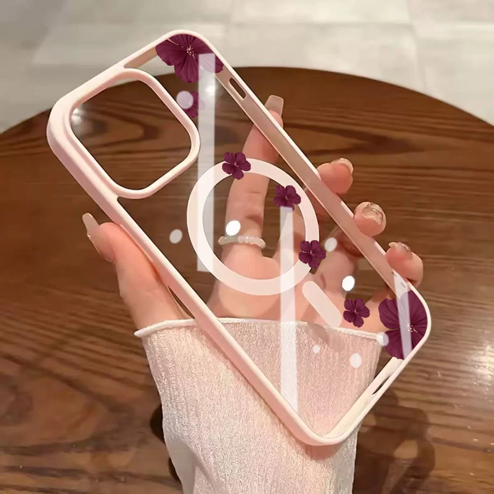 Vintage-Blumen Transparente Hülle für Magsafe iPhone 15 16 13 Pro Max 17 14 11 13 12 Pro Max Plus Hülle Magnetisches Kabelloses Laden Coque – Detail 7