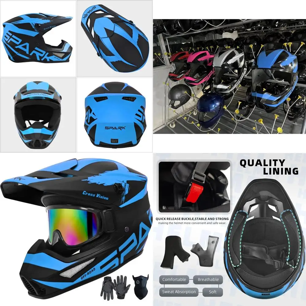 

Youth & Adult Motocross Helmet Set with Gloves, Goggles, and Mask - DOT Certified, Blue, Small