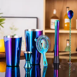5pcs Rainbow Cocktail Shaker Bar Set,Stainless Steel Boston Shaker Tins Bartender Kit Drink Mixer Party Bar Tools