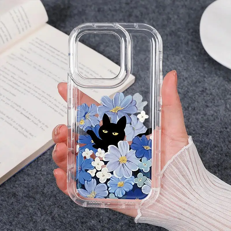 블랙 캣 플라워 케이스 아이폰 17 16 15 14 프로 맥스 13 12 미니 11프로 XR 7 8 플러스 충격 방지 커버 방진 케이스