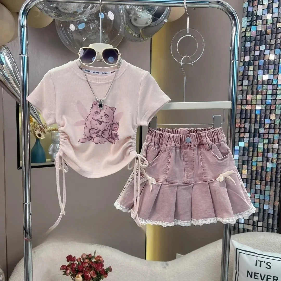 

New Korean Slimming Set Children's Cartoon Printed Drawstring Short Sleeve T-shirt Cowboy Skirt 2-piece Set Girls' Summer Set