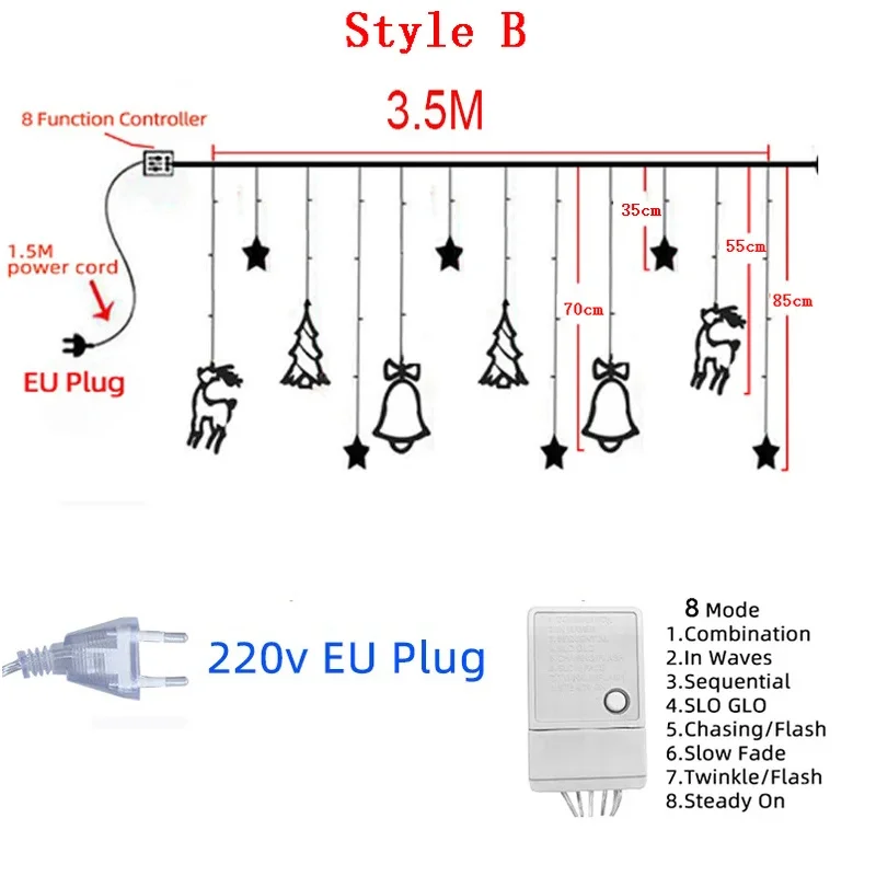 220V Eu Plug Christmas Deer Bell Sta Curtain String Lights LED  Garland Fairy Lights Holiday Decoration for Wedding Party Decor image 3