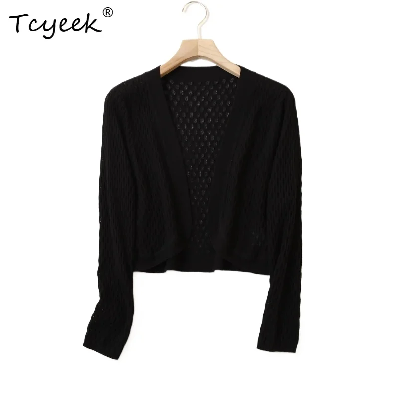 

Tcyeek 50% Mulberry Silk 50% Cotton Spring Summer Shawl with Nine Quarter Sleeves Short Women's Cardigan Strickjacken Damen