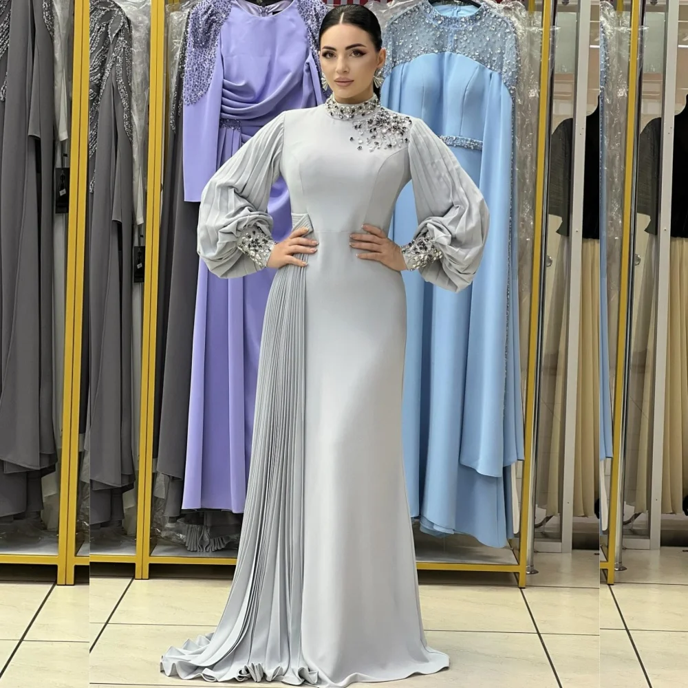 

Customized Classic Exquisite Jersey Sequined Pleat A-line High Collar Long Dresses Bespoke Occasion Pastrol