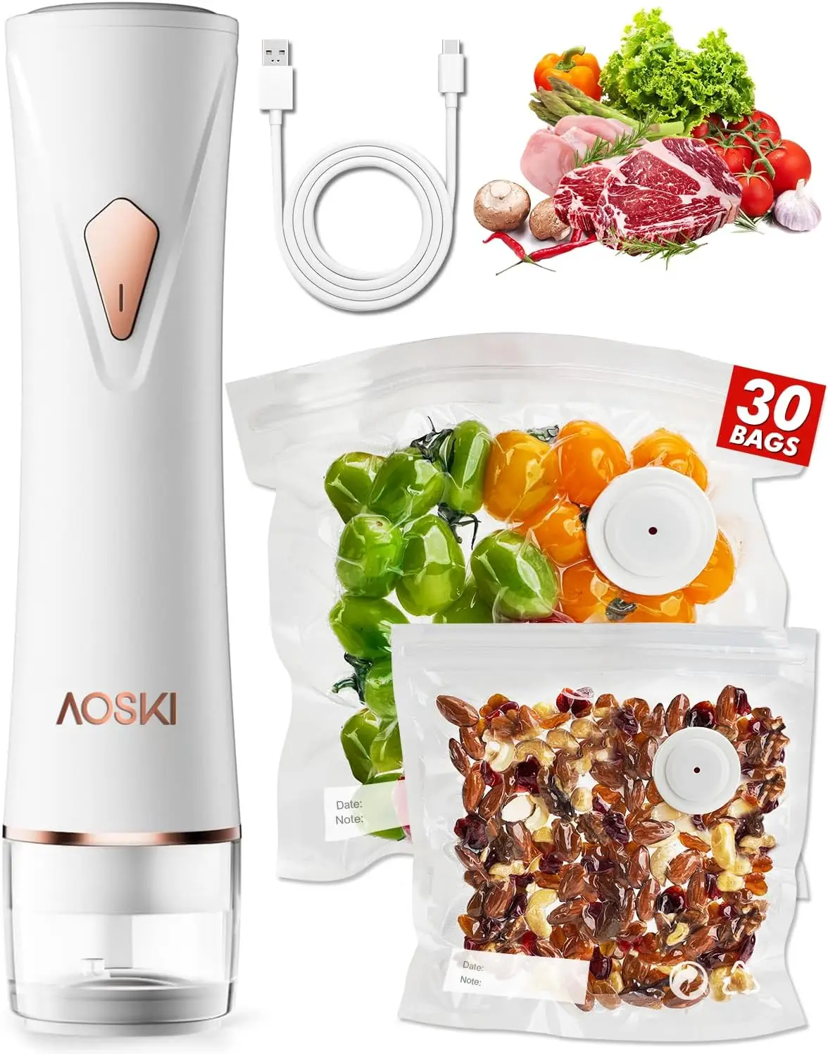 

Portable Vacuum Sealer with 30 Bags, Rechargeable Food Saver for Freshness