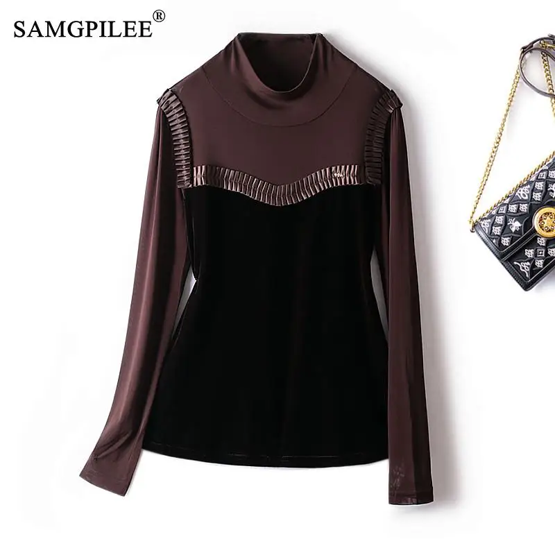 

Fashion Woman Blouses 2022 European Winter Half High Collar Slim Fake Two Piece Stitching Velvet Spring Autumn Women's T-shirts