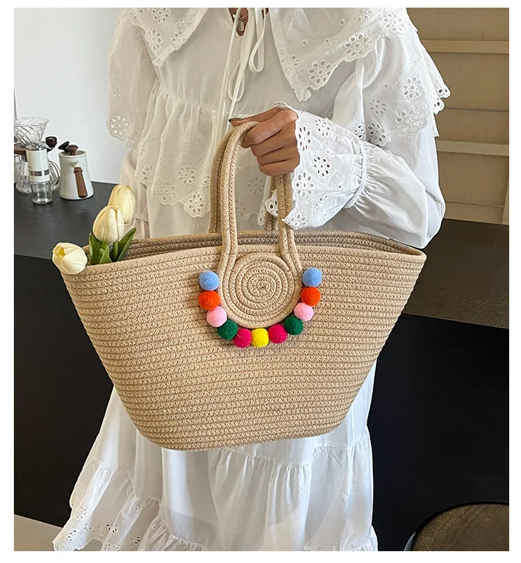 2024 New Bohemian Style Rainbow Hairball Vintage Tote Vacation Beach Woven Bag