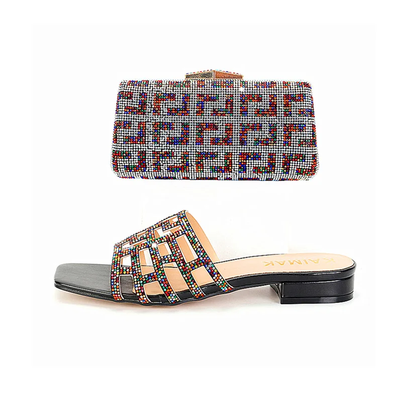 

Женский комплект обуви, вечерняя сумка со стразами, клатч, подходит для свадебных вечеринок, женские тапочки большого размера в африканском стиле с плоской подошвой