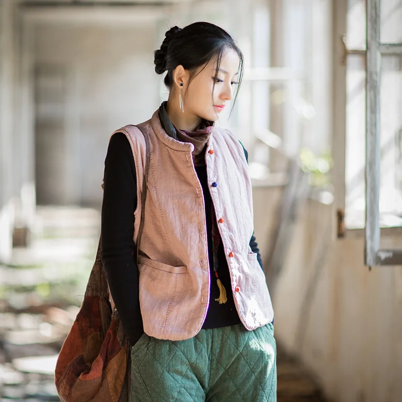 

Зимний жилет на хлопковой подкладке с конопляной подкладкой, вязаный топ без рукавов в стиле ретро, утепленный теплый женский кардиган, мини-жилет в китайском стиле