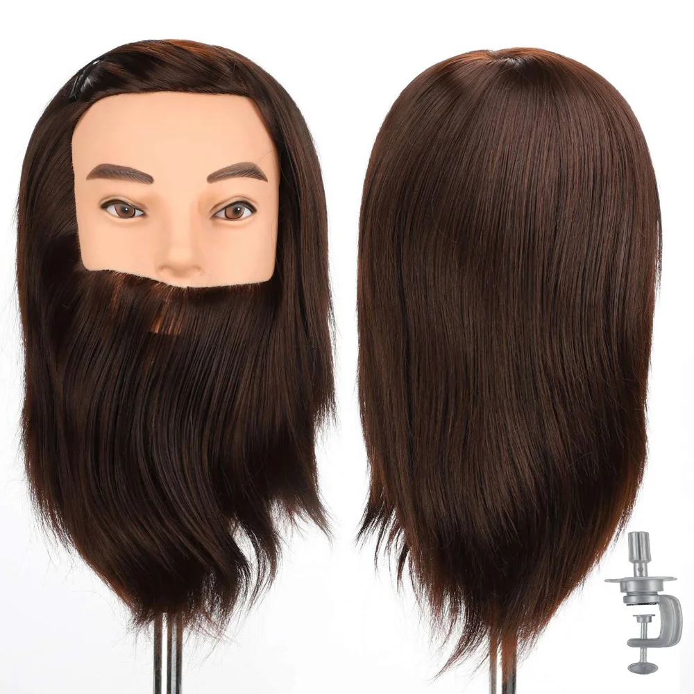 Male 100% Real Hair Mannequin Practice Training Head With Beard Barber Hairdressing Manikin Doll Head For Beauty School