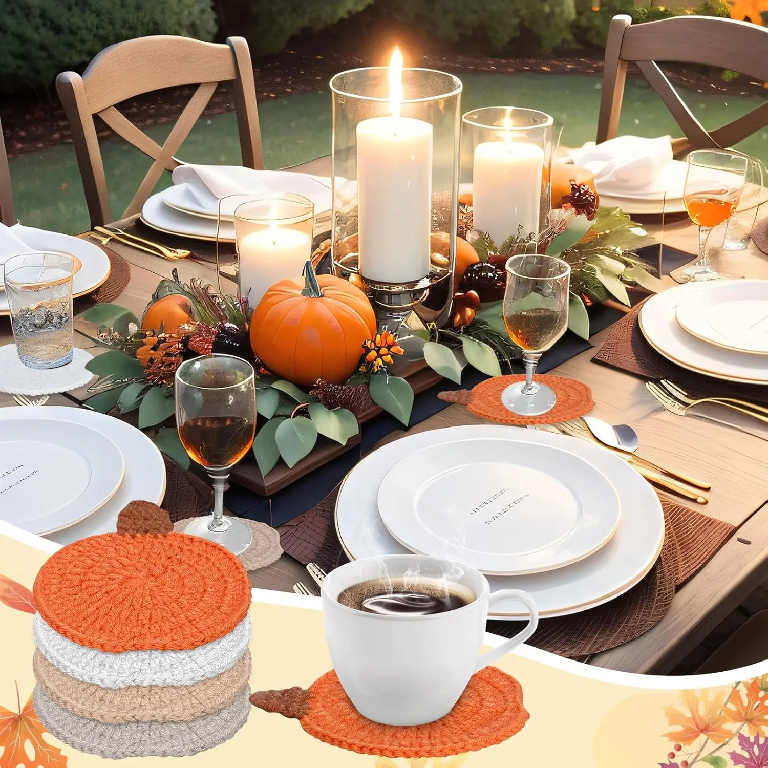 4 Pcs Crochet Thanksgiving Pumpkin Coasters, Knitted Handmade Woven Mat, Autumn Harvest Table Party Decor Gift Set view 5