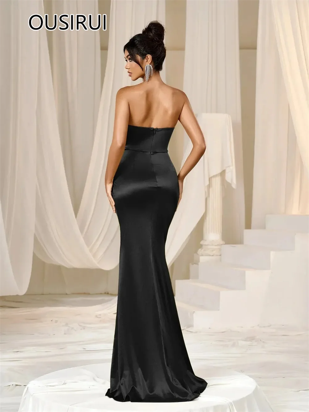 Simple Women Boat Collar Strapless Satin Evening Party Gown Mermaid Side High Slit Backless Court Evening Dress Customized