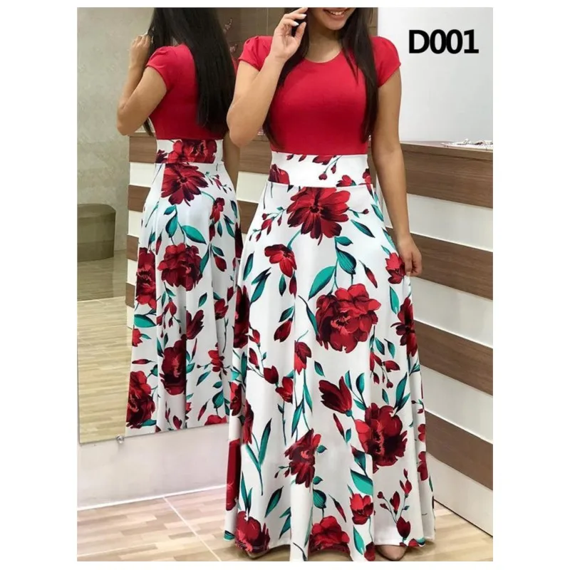 Womens Round Neck Flower Print Color Blocking Short Sleeved Dress Lady Elegant Splicing Big Swing Party Maxi Dresses 2024 Summer