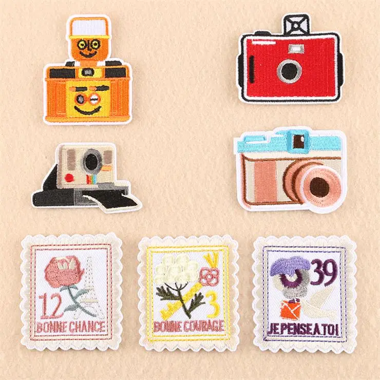 New Arrival 10 pcs Stamp Camera Embroidered patches iron on Motif Cartoon Applique decor repair badges hat bag shoe accessory