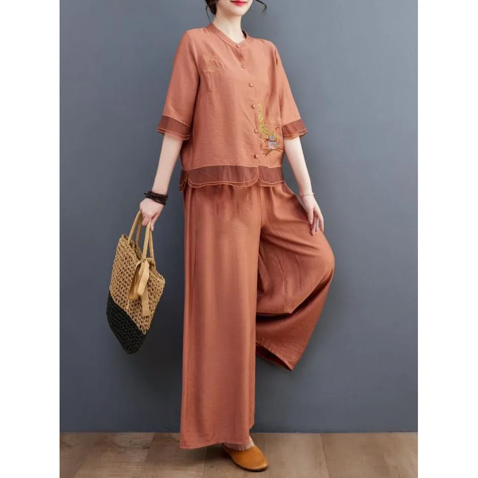 Spring Summer Women Leisure Pants 2PCS Middle Aged Mother Cotton Linen Suit 2027 Female Embroidery Two-piece Set Large Size 5XL