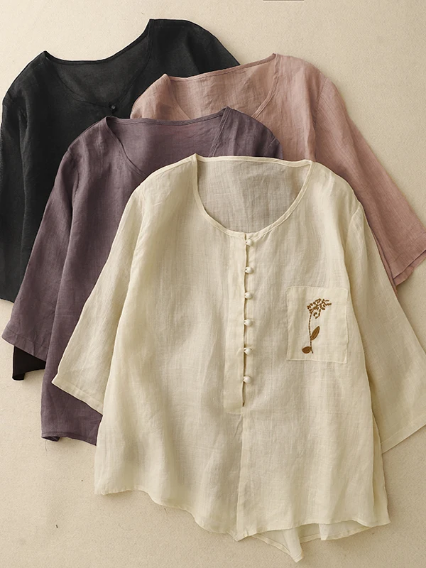 تي شيرت نسائي مطرز خفيف الوزن وجيد التهوية من القطن والكتان مقاس كبير or Sve بأزرار دائرية Ne كاجوال