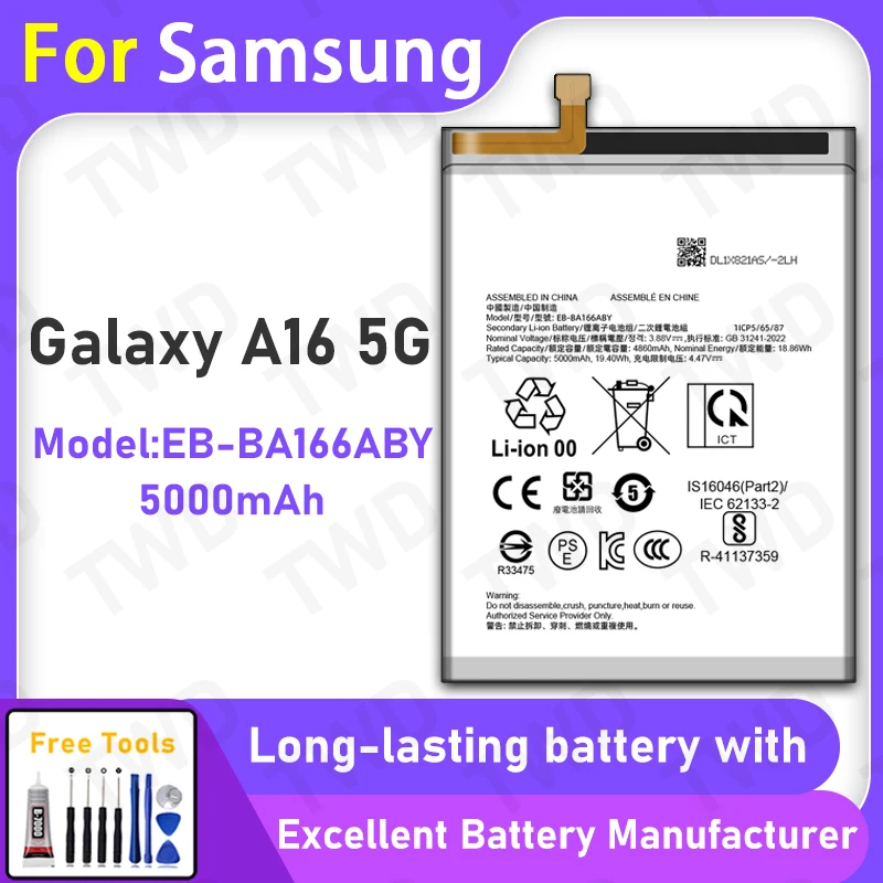 

100% New 5000mAh EB-BA166ABY Battery For Samsung Galaxy A16 5G Replacement Bateria+Free Tools