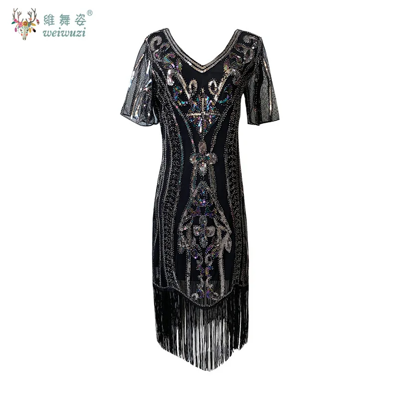 1920s المرأة قصيرة الأكمام الخامس الرقبة الترتر الخرزة التطريز فساتين الحفلات الزعنفة غاتسبي زي كوكتيل فساتين السهرة #6