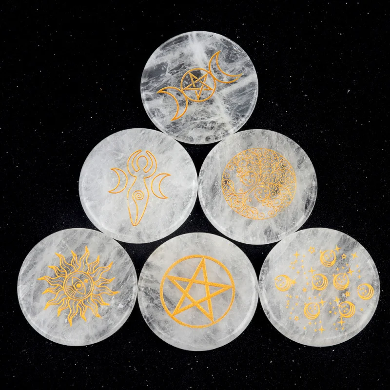 2PC Natural Clear Quartz Circular Tree Of Life Sun Moon Pentagram Crystal Stones For Spiritual Meditation & Home Decor Gemstone