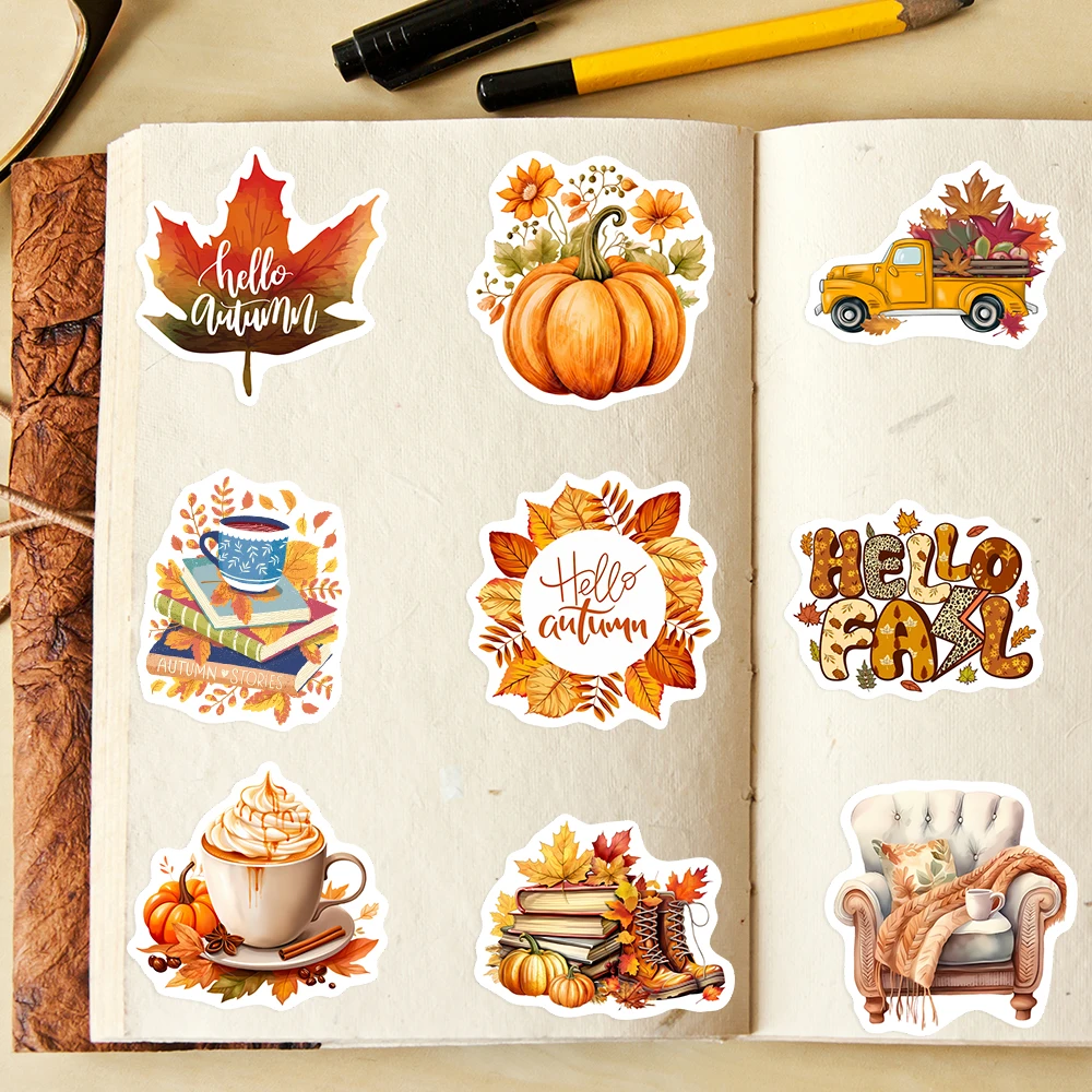 Lovely Fall Autumn Illustration Stickers DIY Gift Vinyl Waterproof Decals for Scrapbook Diary Junk Journals Laptop Phone Bottle view 3