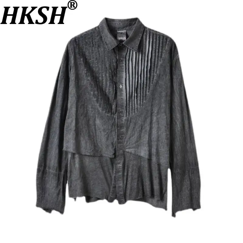 

HKSH Spring Autumn New Men Tide Niche Design Casual Patchwork Fake Two-Piece Shirt Dirty Washed Retro Long Sleeve Shirts HK25951