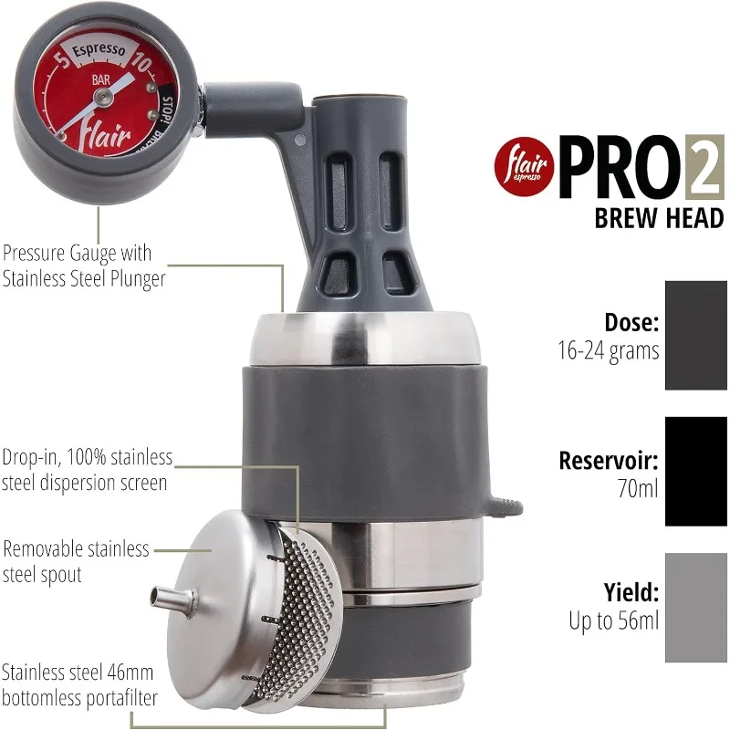 Espresso Maker PRO 2 (Chrome) - An all manual lever espresso maker with stainless steel brew head and pressure gauge