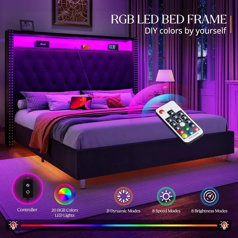 Bed Frame with LED Lights and Charging Station, Velvet Tall Upholstered Platform Bed Wingback Headboard, No Box Spring Needed