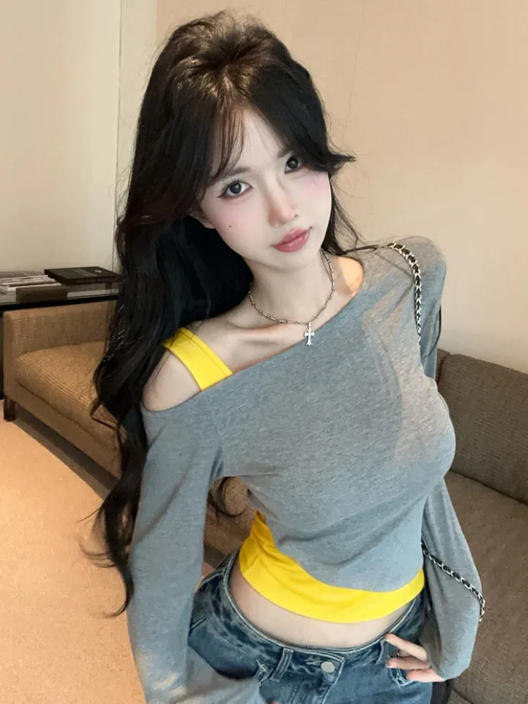 

Korean Style Long Sleeve Shoulder Bared Knitted Top Women Early Autumn New Color Collision Design Slimming Base Layer Top