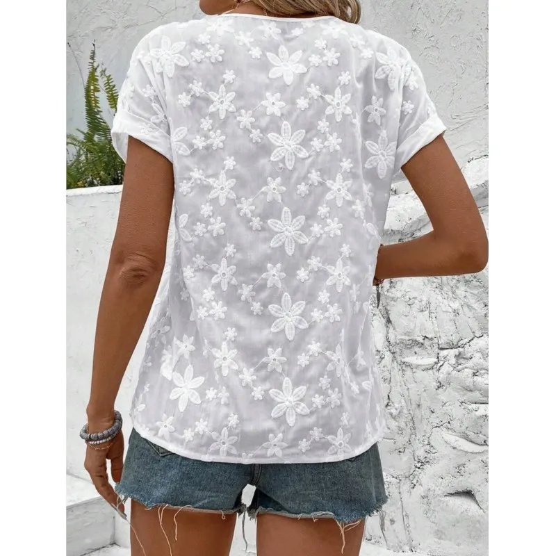 Elegant Blouse White Shirt Lace 2024 Summer Fashion Hollow Flower Embroidery Short Sleeve Pullover Top Office Lady Shirt S-2XL