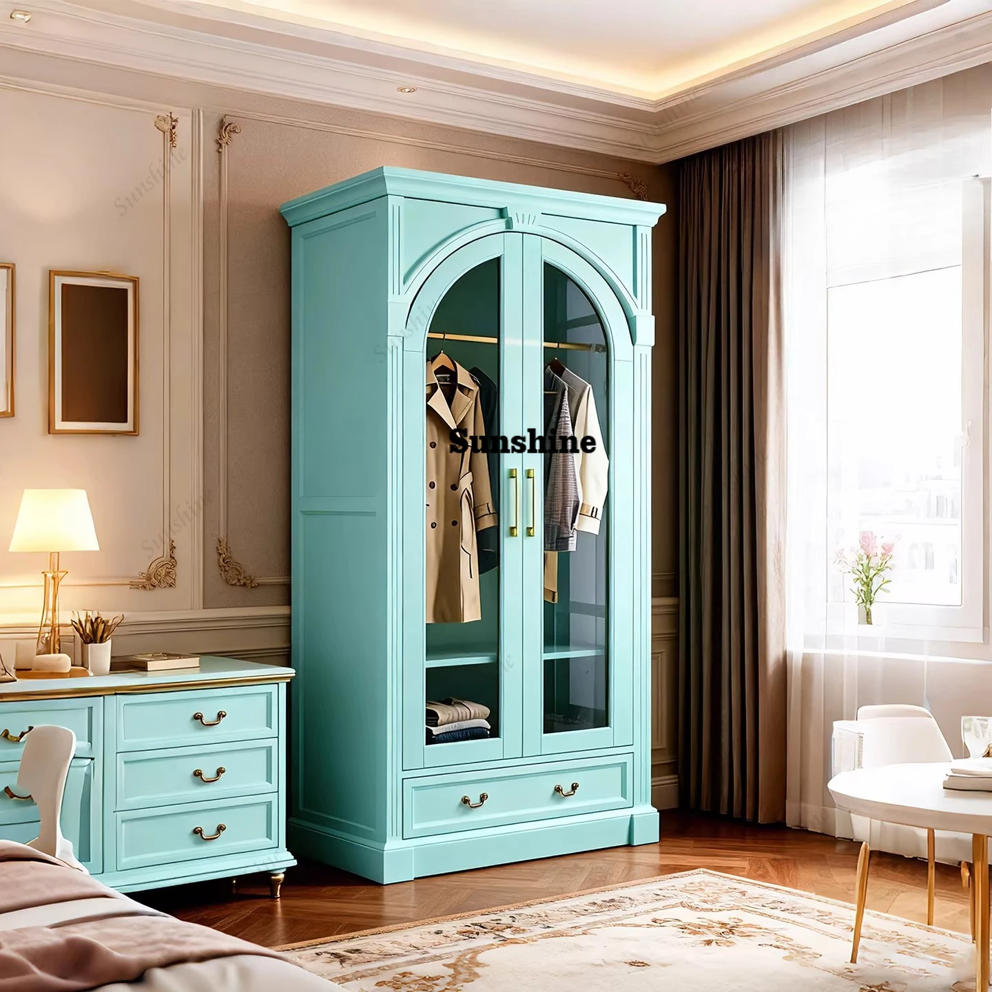 

French Cream Style Full Solid Wood Wardrobe Household Log Bedroom Locker