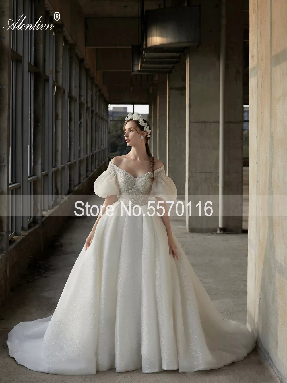 Alonlivn Elegant Silky Organza Ball Gown Wedding Dresses Off The Shoulder Floor-Length Puff Sleeves Bride Gowns