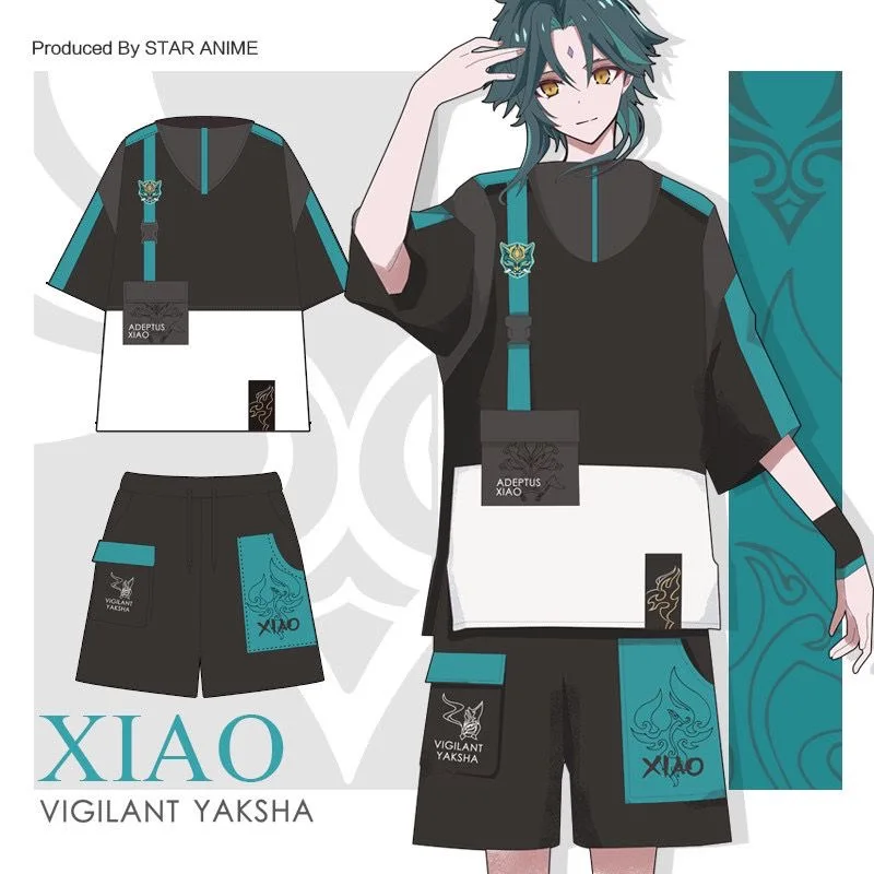 Camiseta y pantalones cortos de Cosplay de Genshin Impact Xiao, conjunto de traje de manga corta, ropa de calle fresca, ropa deportiva de verano