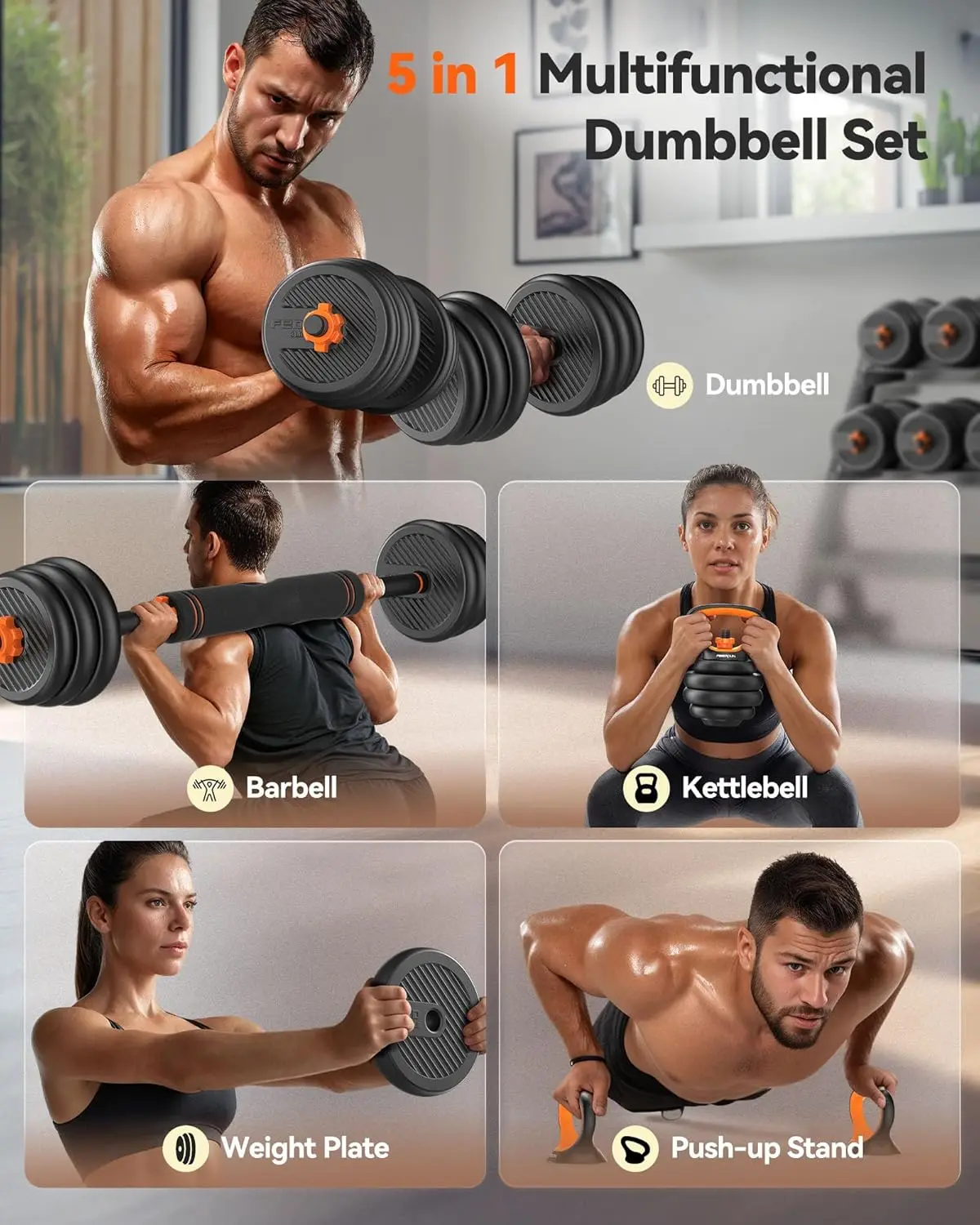 Adjustable Dumbbells, 20-90lbs Free Weight Set with Connector, 4 in1 Dumbbells Set Used as Barbell, Kettlebells, Push up Stand