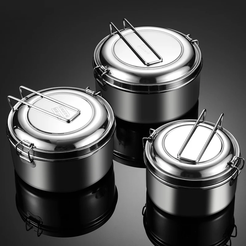 

201 Stainless Steel Circular Lunch Box 800~1100ml Single-layer Office Worker Rice Boxes Students Canteen Cover Sealed Meal Box