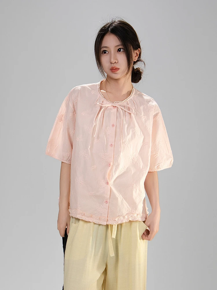 

Sweet Lace Trimmed Short Sleeve Embroidered Shirt Women's 2026 Summer Breathable Cotton round Neck Button Detail