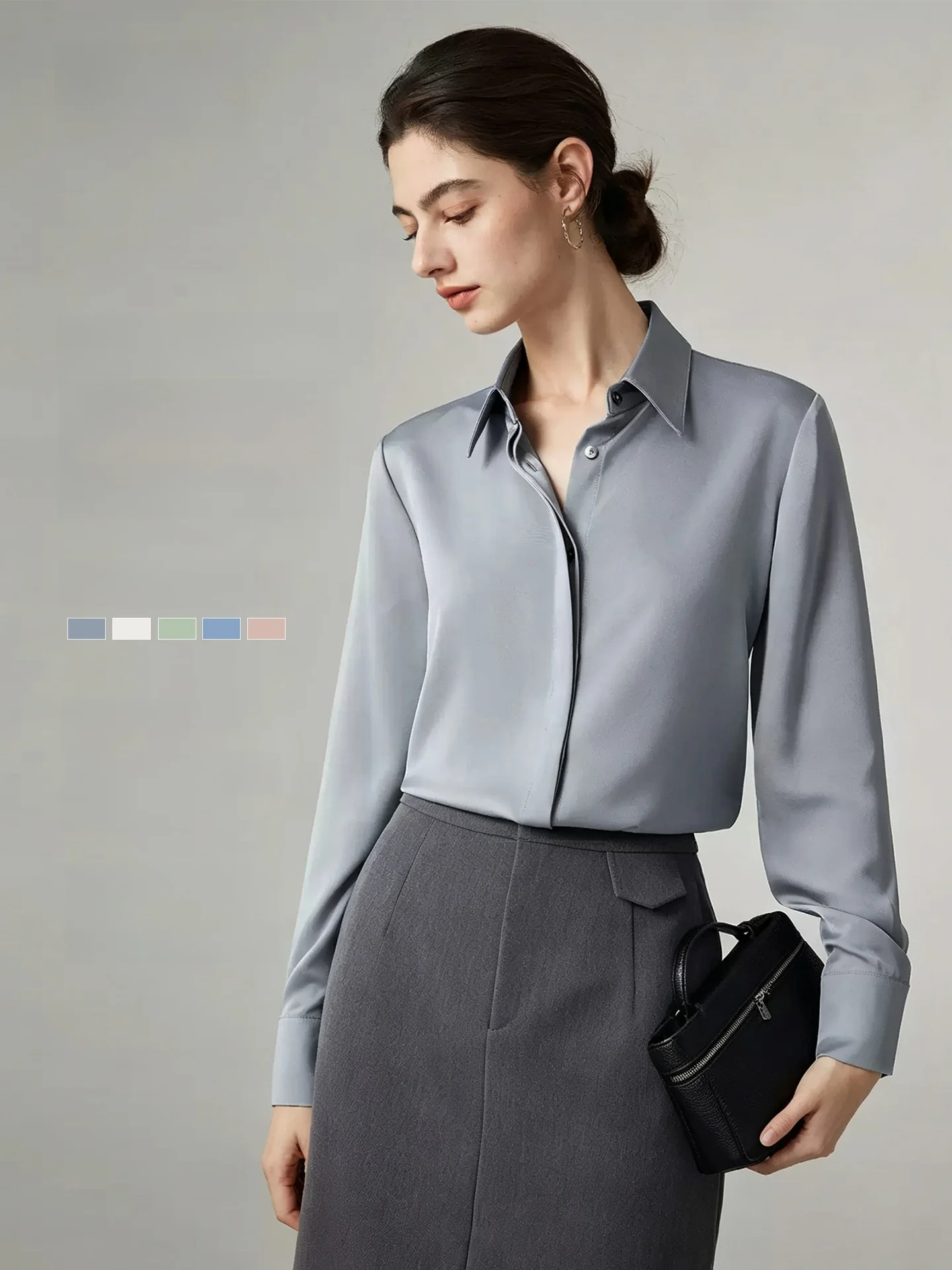Yake Home Upgrade 30 Grey Blue Satin Shirt Women's Spring Autumn Draping Commute Professional Shirt V-neck Long Sleeve
