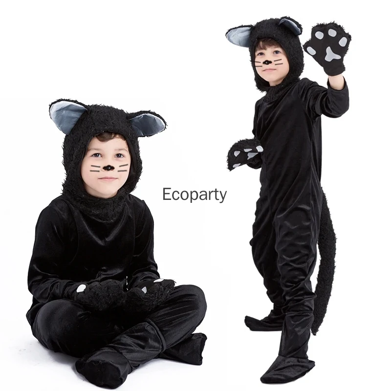 

Детский карнавальный костюм черного кота, милый комбинезон с изображением котенка и перчатками, комплект шляпы, детская одежда для Хэллоуина, карнавала, вечеринки