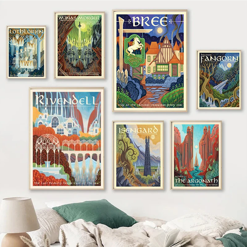 Image of Ring-Kunstposter Retro Reise Abstrakte Leinwandmalerei Vintage Film Mordor Schloss Herr der Magie Wandkunst Bild Kinderzimmer Heim Deko