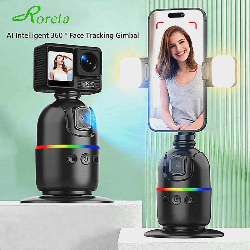 Smart Auto Face Tracking Desktop AI Gimbal for Smartphone & Action Camera 360 Rotation Follow Focus Vlog Kit, Option with light