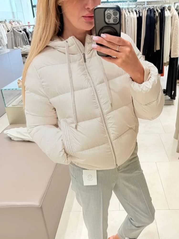 

Повседневное однотонное хлопковое пальто с капюшоном, женское свободное короткое пальто с длинным рукавом и карманом на молнии, 2025 г., зимняя женская теплая повседневная уличная верхняя одежда