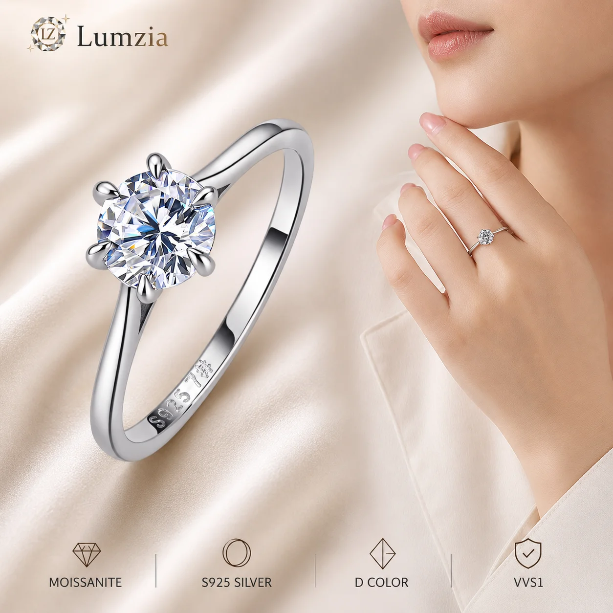 Moissanite Ring 1CT D Color VVS1 S925 Sterling Silver Six Prong Solitaire Fine Jewelry Gift for Women GRA Certified Moissanite