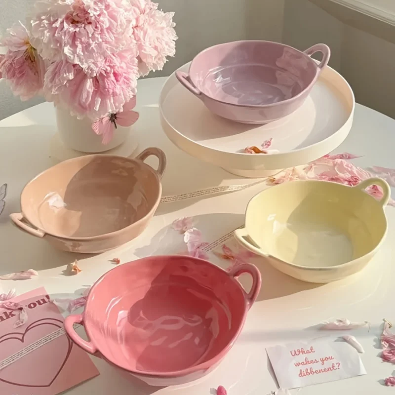 4 Ceramic Double Handle Bowl 21 Ounce - Multifunctional Salad、Breakfast、Cereal、Rice、Soup、Ice Cream、Dessert、Yogurt Fruit Dish，Can