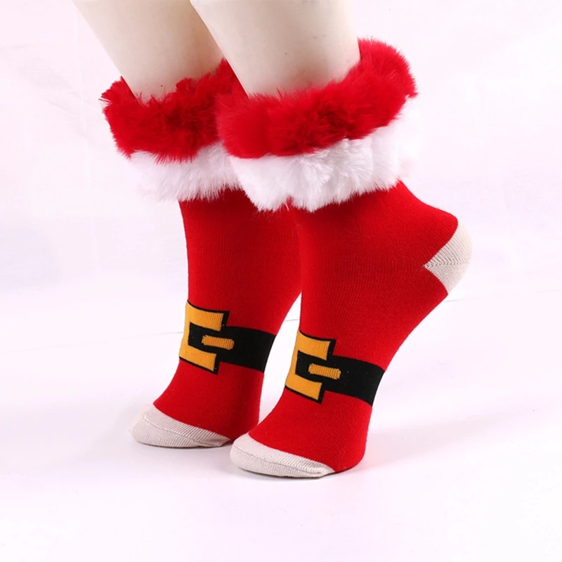 Women Christmas Holiday Socks with Furry Plush Trim Cartoon Printed Novelty Funny Knee High Stockings Hosiery Xmas Gifts