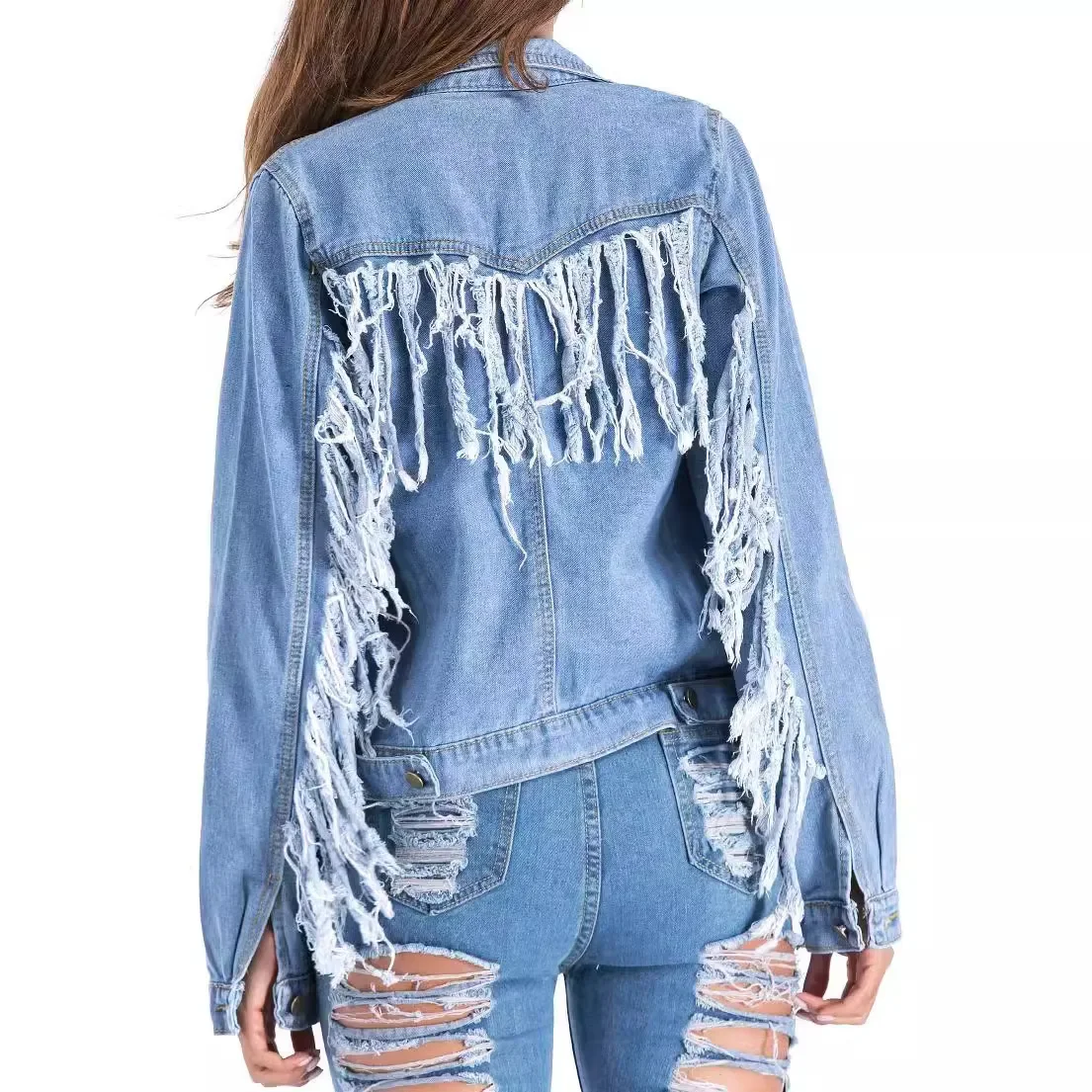 Back Sleeves Tassel Denim Jacket Coat 2024 Autumn New Jaquetas Blue Jean Jacket Woman