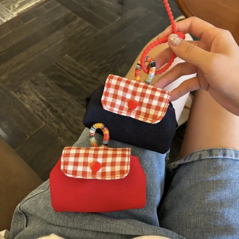

Kawaii Cartoon Casual Earphone Bag for Girls Plaid Solid Color Retro Key Wallets Portable Mini Lipstick Storage Bag Coin Purse